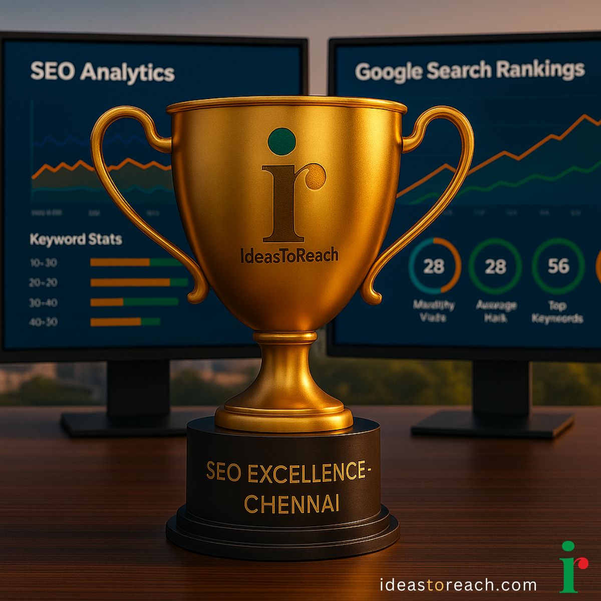 Golden trophy for SEO excellence in Chennai awarded to IdeasToReach, with keyword performance charts in the background.